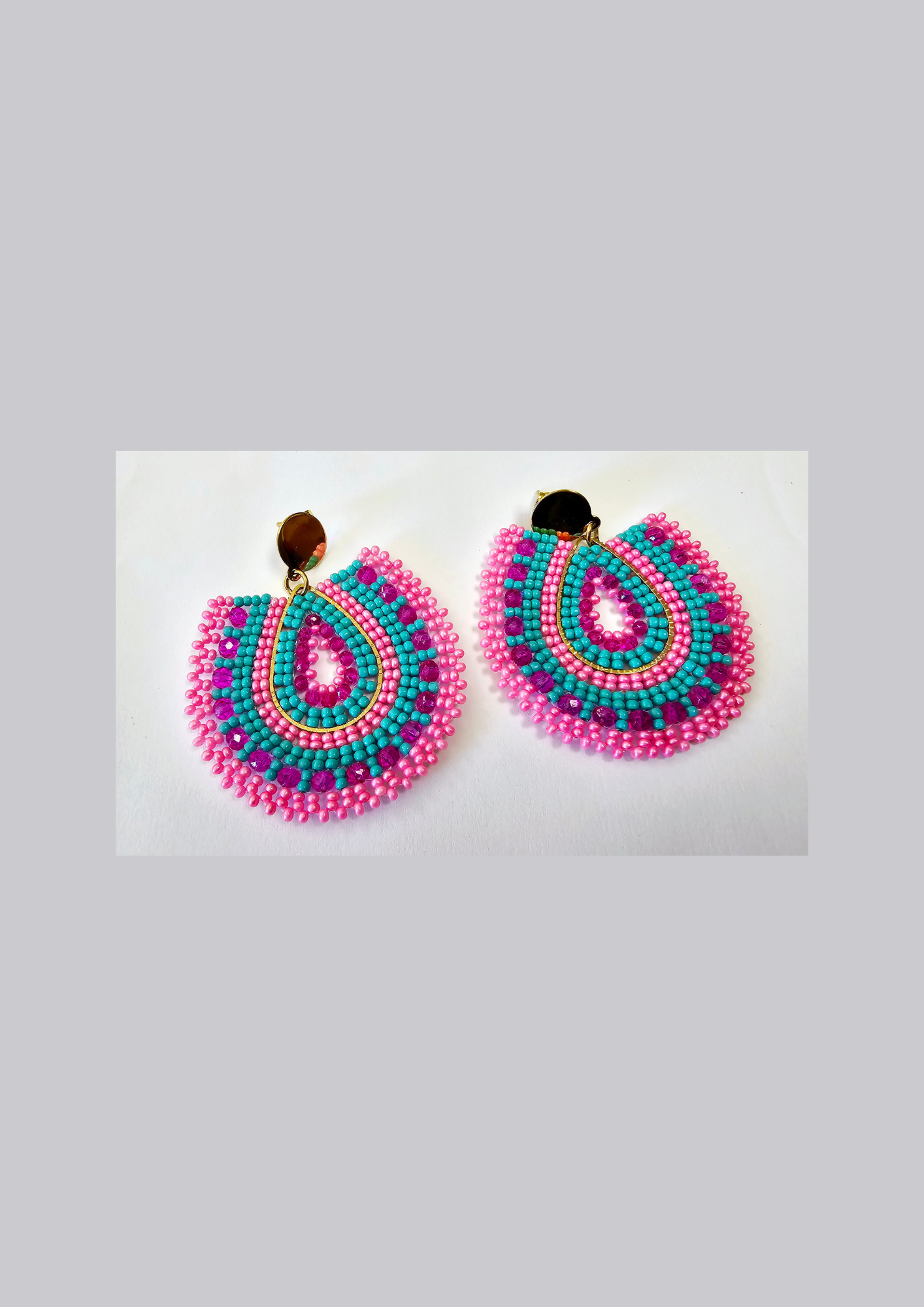 Pink beaded earrings with touches of light green and turquoise